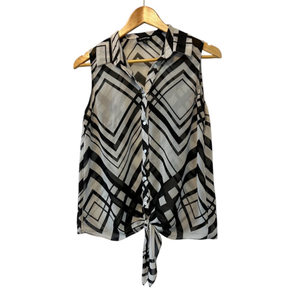 LE CHATEAU Black & White Printed Semi Sheer Button Up Tie Bottom Sleeveless Top